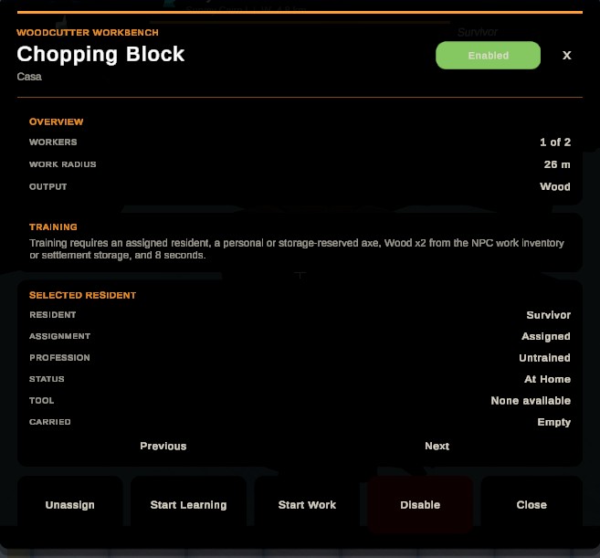 Worldis Woodcutter Workbench interface showing profession training, resident assignment, and work status